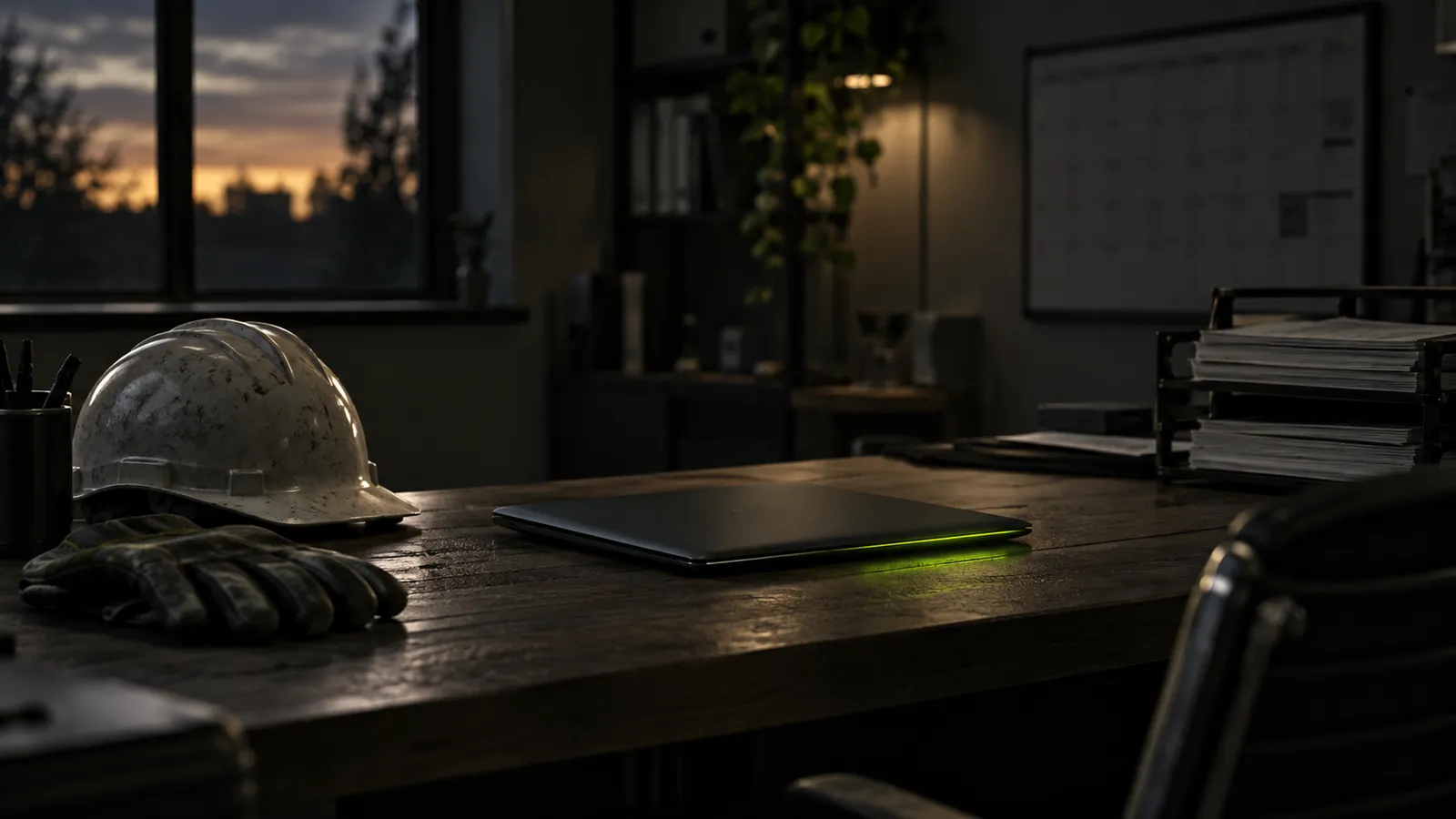Ein Handwerker-Büro am Abend mit Helm, Arbeitshandschuhen, Offerten-Ablage und zugeklapptem Laptop.