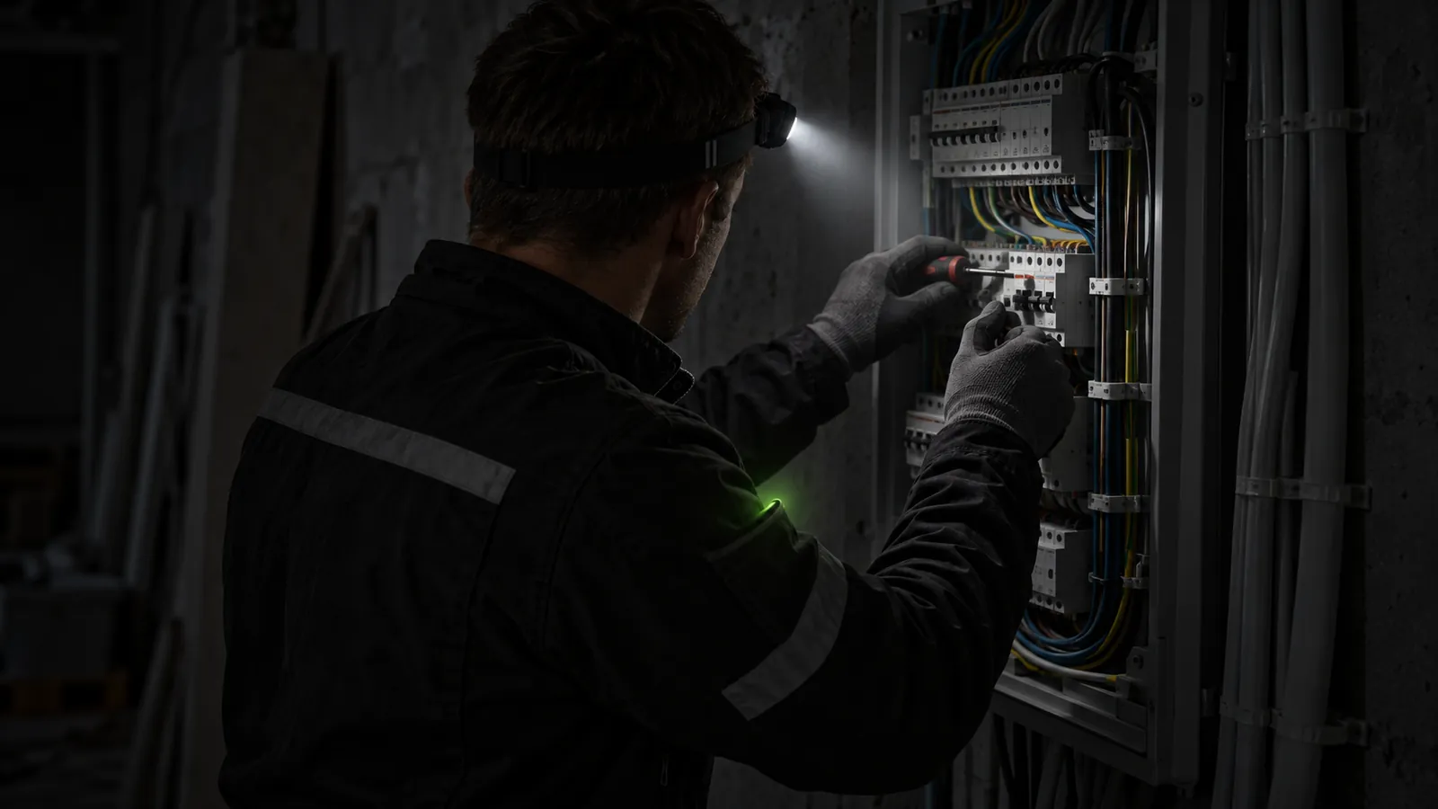 Ein Elektriker mit Stirnlampe arbeitet am offenen Sicherungskasten, am Arm schimmert sein Handy.