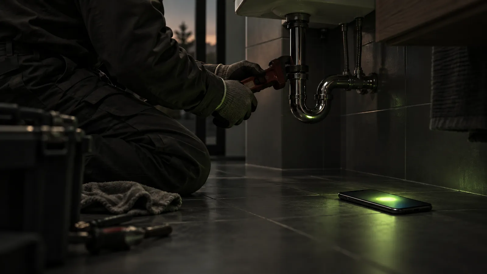 Ein Sanitär-Monteur arbeitet unter einem Waschbecken, neben ihm leuchtet ein klingelndes Handy auf dem Boden.