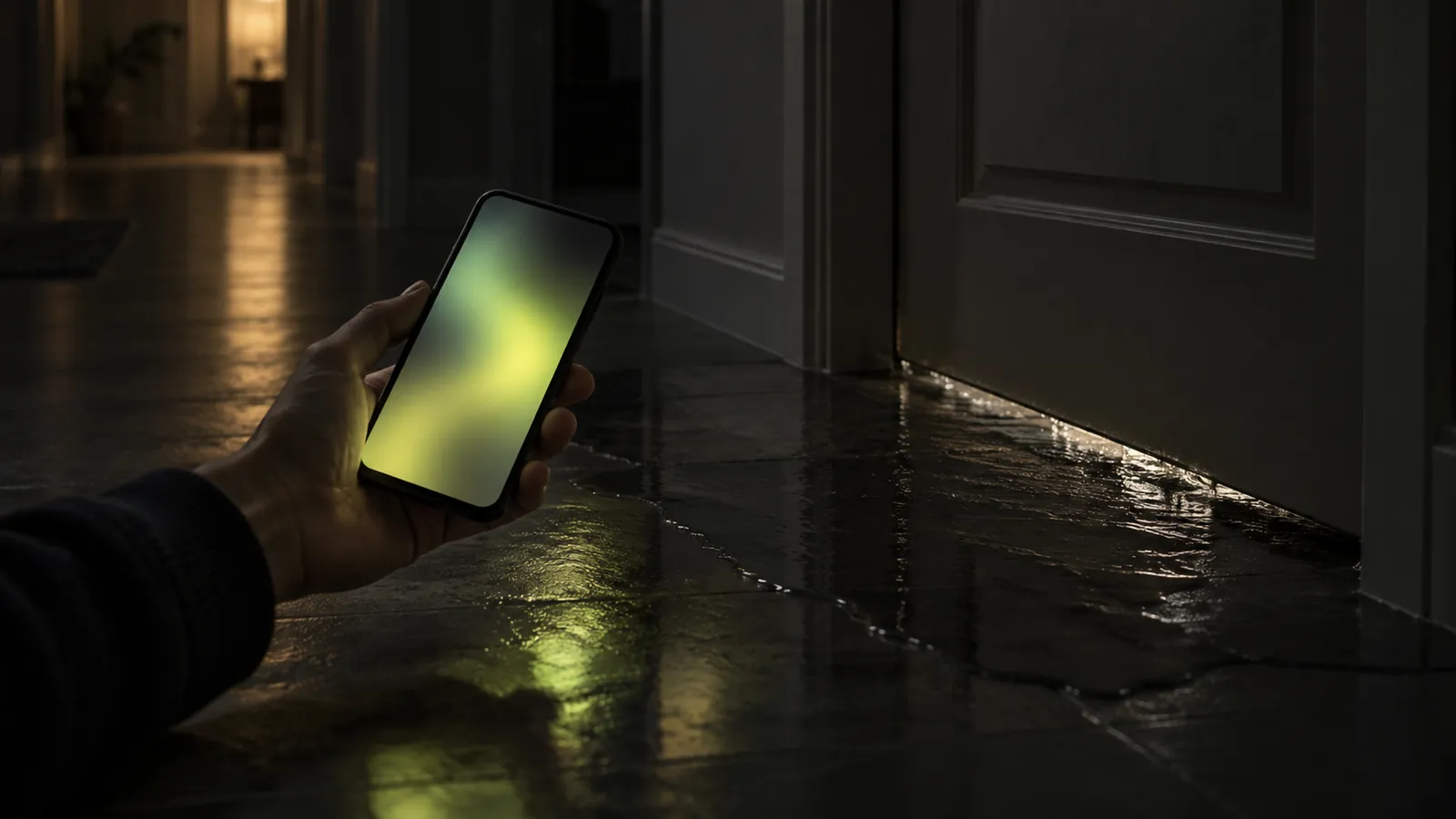 Abends läuft Wasser über einen Flurboden, eine Hand hält ein Handy und sucht Hilfe.